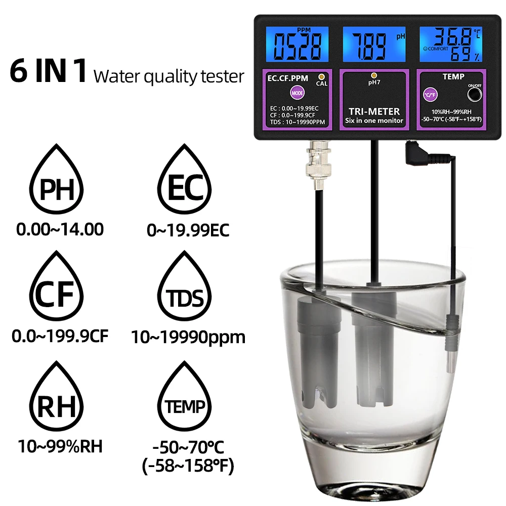High Precision Water Quality Analysis Meter 6 in 1 Digital PH EC CF Monitor RH TDS Temperature Meter For Aquarium Pool
