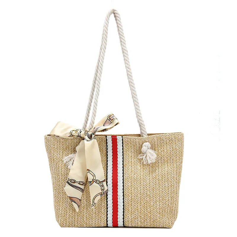 

Straw Bag Women Hand-Woven Handbag Tote Bag Ribbons Bow Rattan Bag Big Capacity Drawstring Casual Beach Shoulder Crossbody Bag
