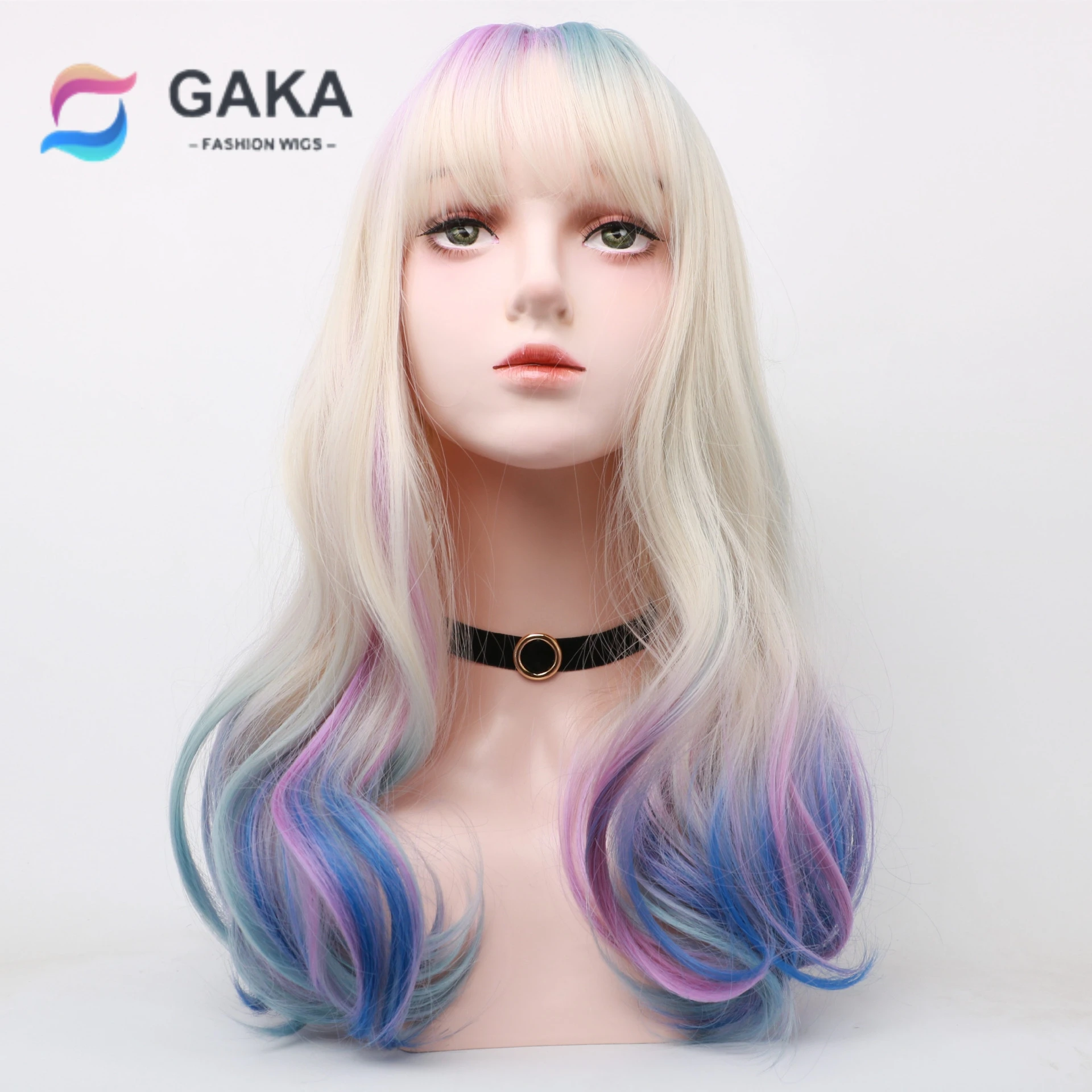 

GAKA Long Water Wavy Blonde Wig With Bangs Women Role Play Party Daily Natural Heat Resistant Hair Synthetic Wigs