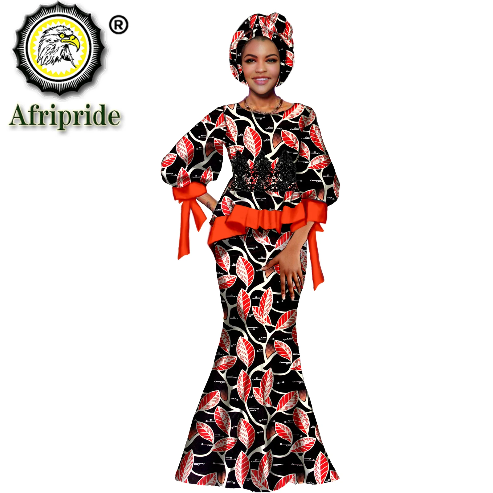 African Clothes for Women Print Lace Tops Maxi Skirts and Headscarf 3 Piece Set Dashiki Outfits for Wedding Evening S2126019