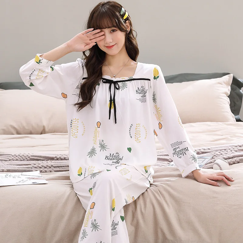 

Пижамный комплект женский из 2 предметов, хлопковая шелковая одежда для сна с принтом, пикантная Пижама с квадратным вырезом, свободный Удоб...