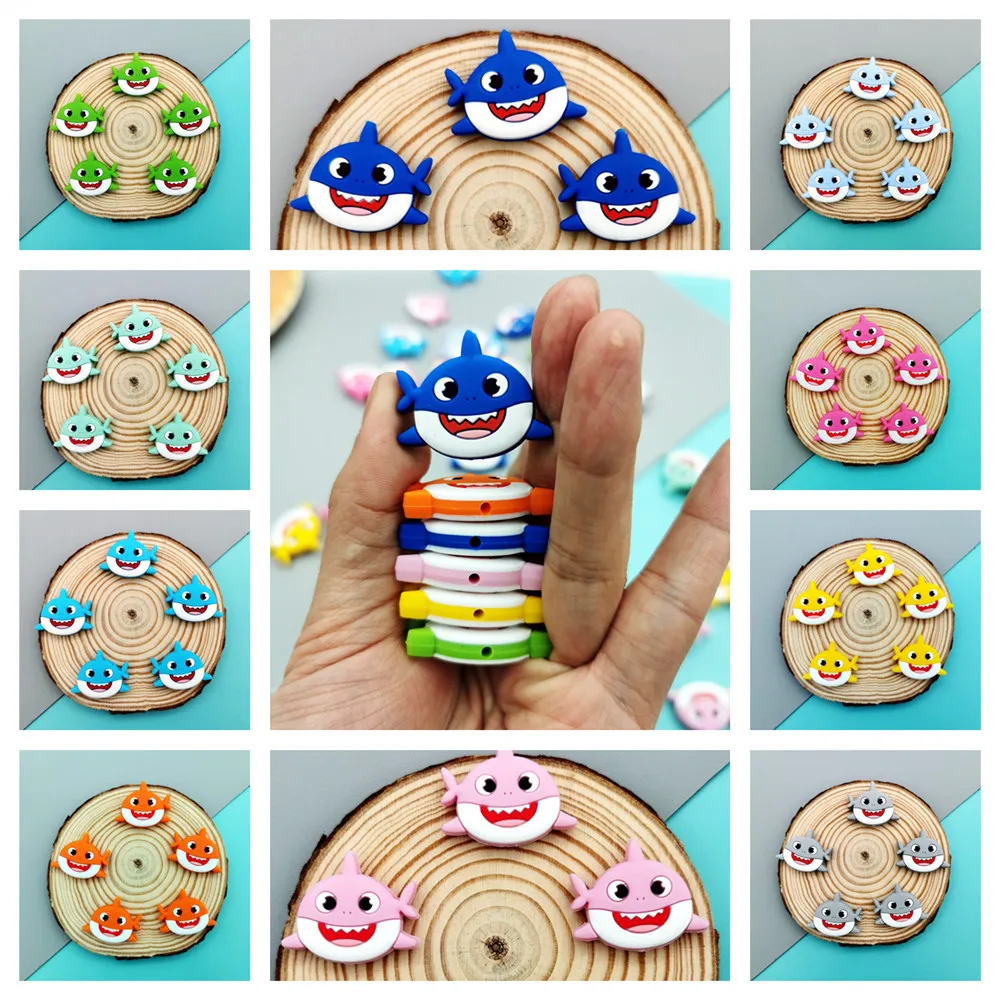 28*35mm 30pc/lot Shark Silicone Beads Baby Teething Pacifier Chain Necklace Accessories Safe Food Grade Nursing Chewing BPA Free