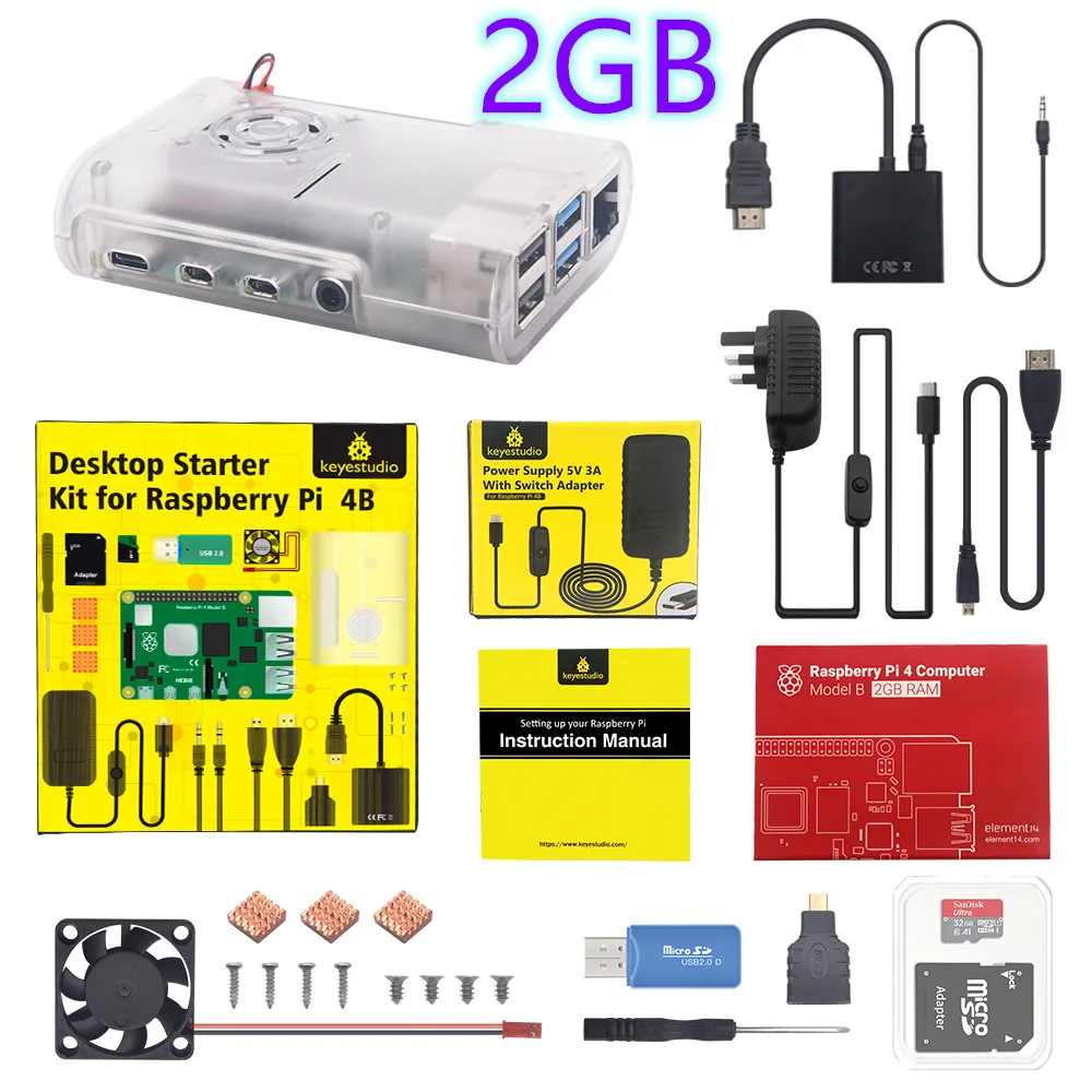 

Оригинальный Raspberry Pi 4B Kit + ABS чехол + SD-карта 32 ГБ + штепсельная вилка стандарта Великобритании + вентилятор + теплоотвод для Raspberry Pi 4
