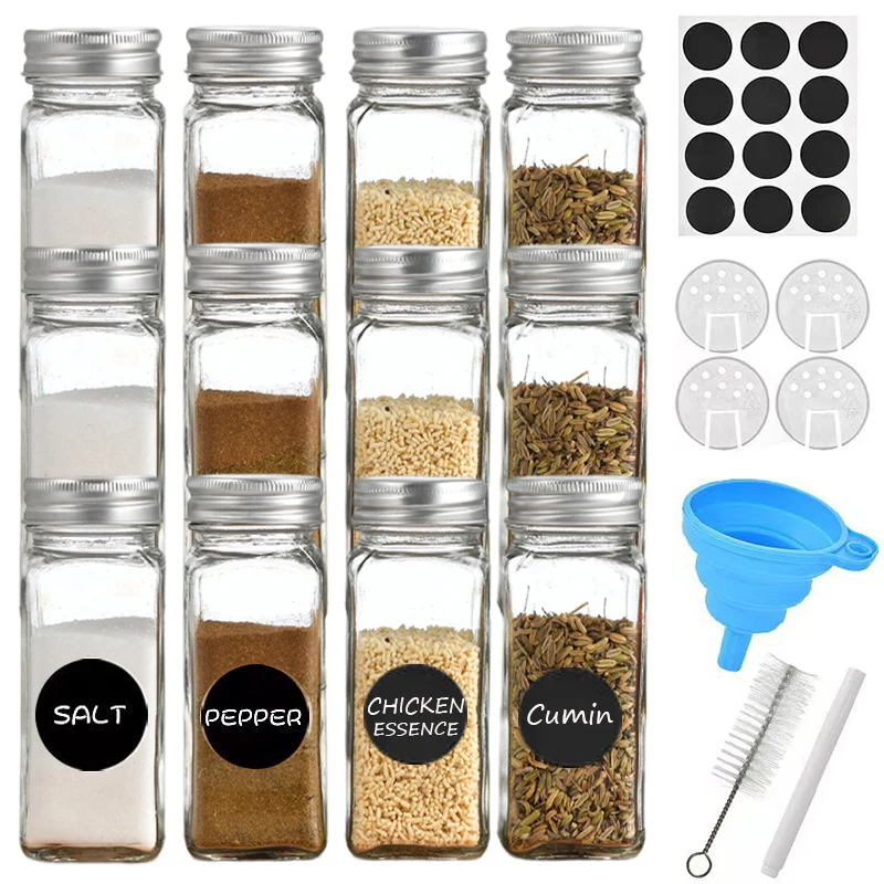 12Pcs/Set Seasoning Jars Square Glass Spice Bottle With Bamb