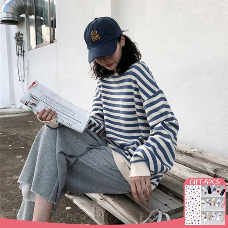 

Осенне-зимние толстовки, корейский Модный пуловер с круглым вырезом в синюю полоску в стиле преппи, худи, женские повседневные толстовки дл...