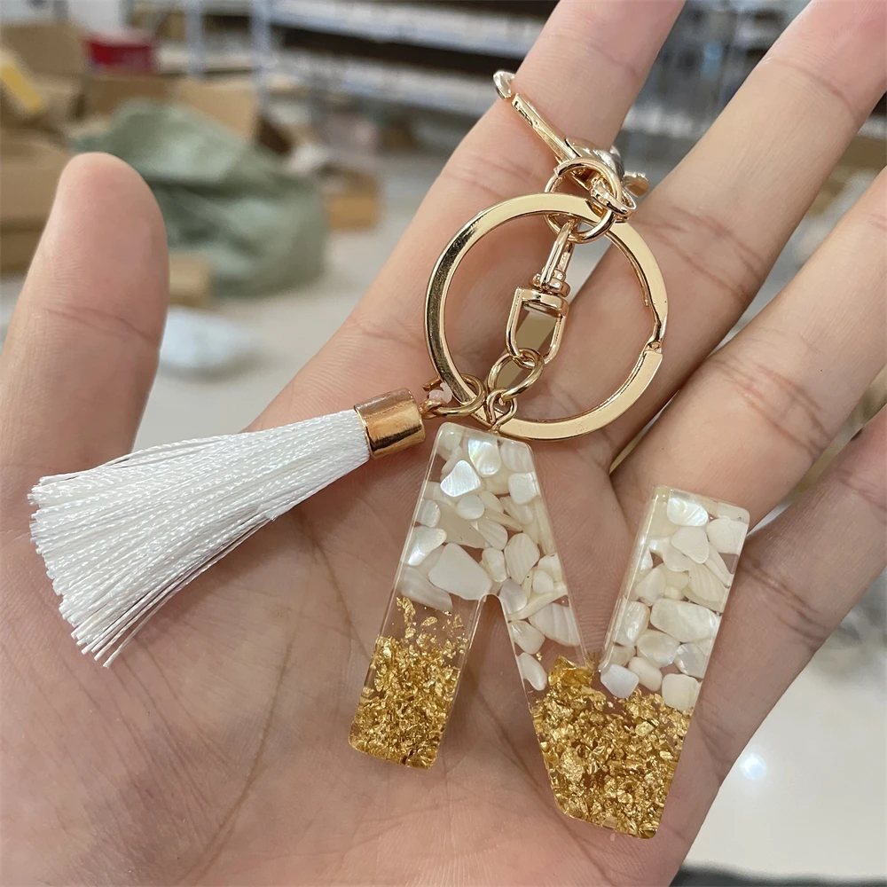 Creative 26 Letter Resin Keychain Pendant With White Tassel Keyring Charms Men Women Bag Ornaments Accessories Souvenir Gifts images - 6