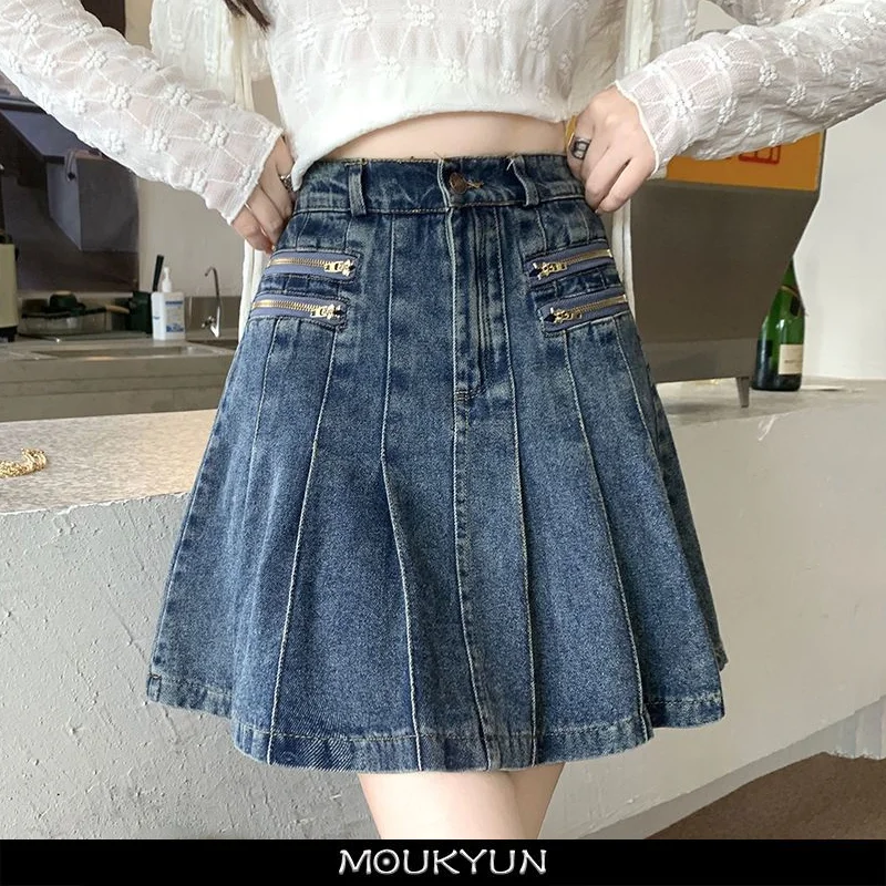 

MOUKYUN Kawaii Denim Skirt Women High Waist Pleated Skirt Korean Fashion Laides Casual Gothic Loose Mini Skirt A Line Skirts