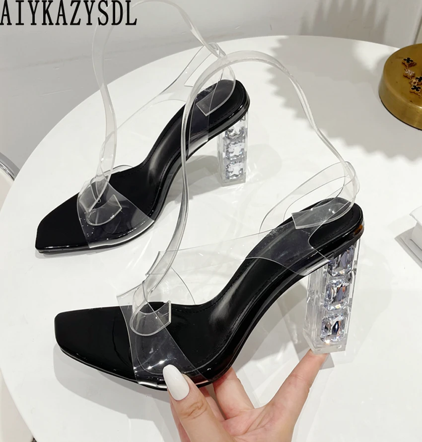 

Прозрачные Сандалии AIYKAZYSDL из ПВХ на странном каблуке, босоножки на высоком квадратном каблуке, летняя обувь с кристаллами, женские мюли, тапочки-слайды