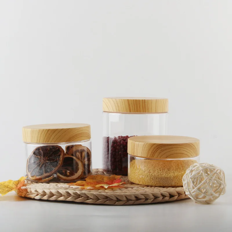 

Plastic Bottle Nut Biscuit Jar Wood Grain Transparent Sealed Jar Kitchen Seasoning Grains Moisture-proof Fresh-keeping Storage