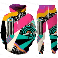 mens hoodie set asymmetric art printed tracksuit fashion outfit colorful long sleeve suit comfortable male clothing with hat