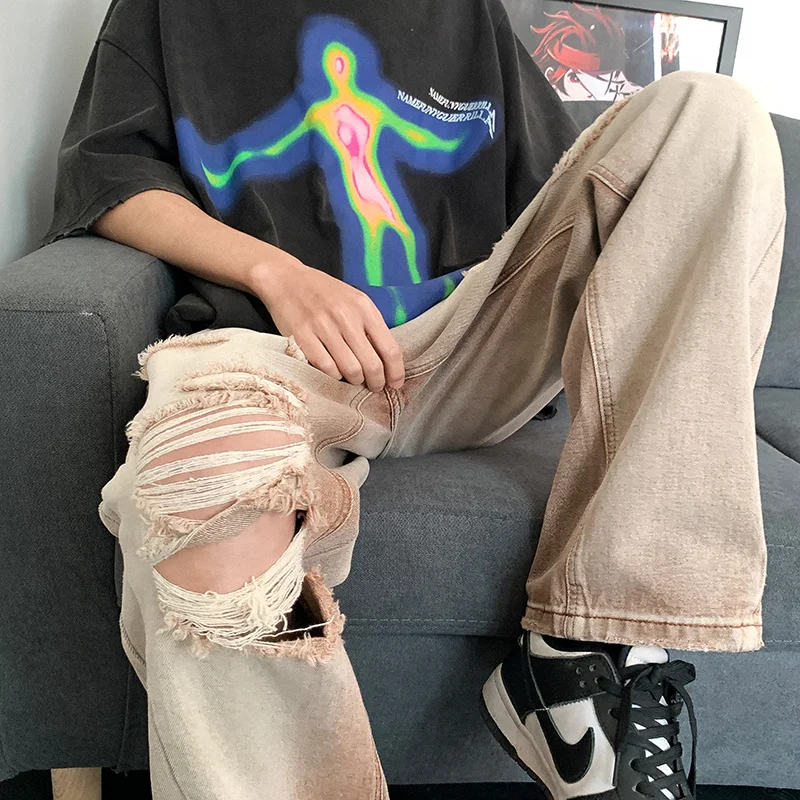 Summer Brown Ripped Jeans Men Fashion Casual Hole Baggy Jeans Men Streetwear Loose Hip Hop Straight Denim Pants Mens Trousers