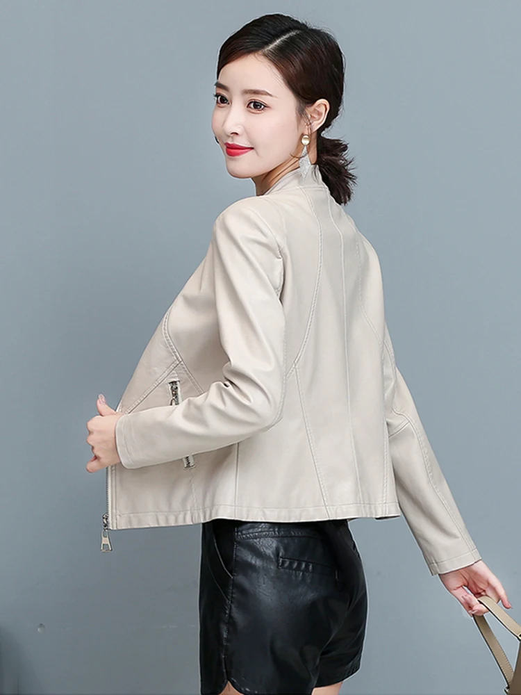 New Women Leather Jacket Spring Autumn Fashion Trend Small Stand Collar Slim Waist Split Leather Short Coat Cool Pink Outerwear