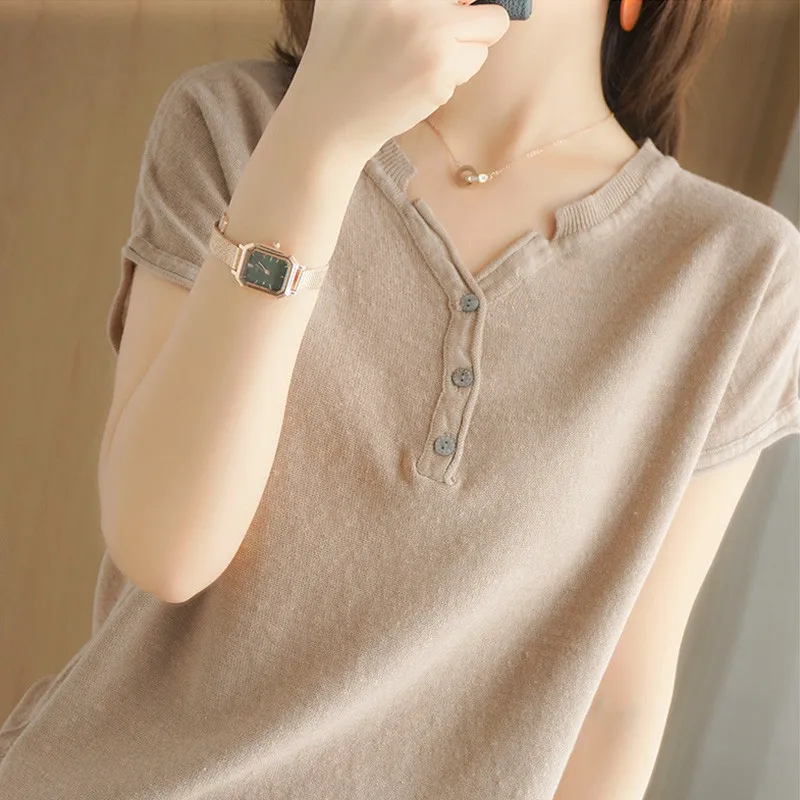 

Cotton Linen Knitted Solid Button Women T-Shirts Summer Vintage 2022 V-Neck Button Short-Sleeved Slim Female Outwear Tops