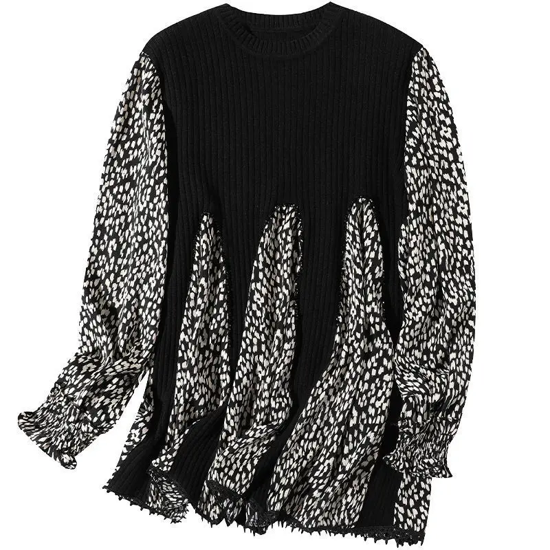 Casual Patchwork Korean Trend Popularity Leisure Women's Clothing Spring Autumn T-Shirts Loose O-neck Long Sleeved Polka Dot Top