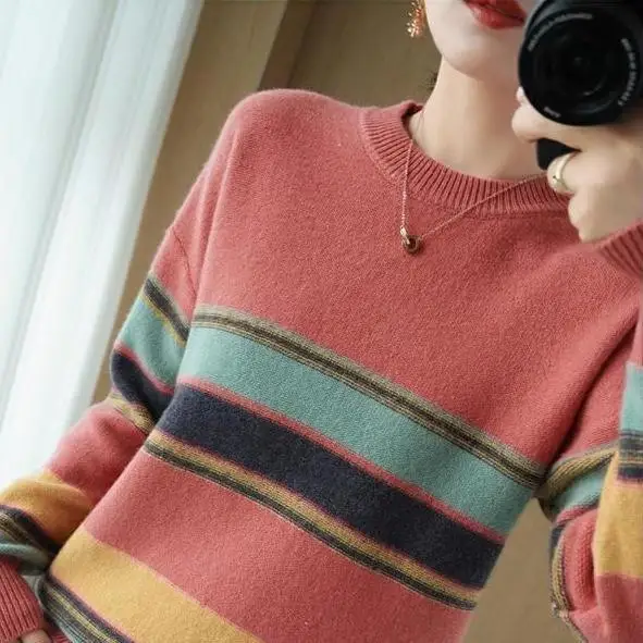 

Women 2022 Y2k Sweater Rainbow Striped Autumn and Winter Loose Top Korean Version Long Sleeve Outer Wear Bottom Knit Sweater