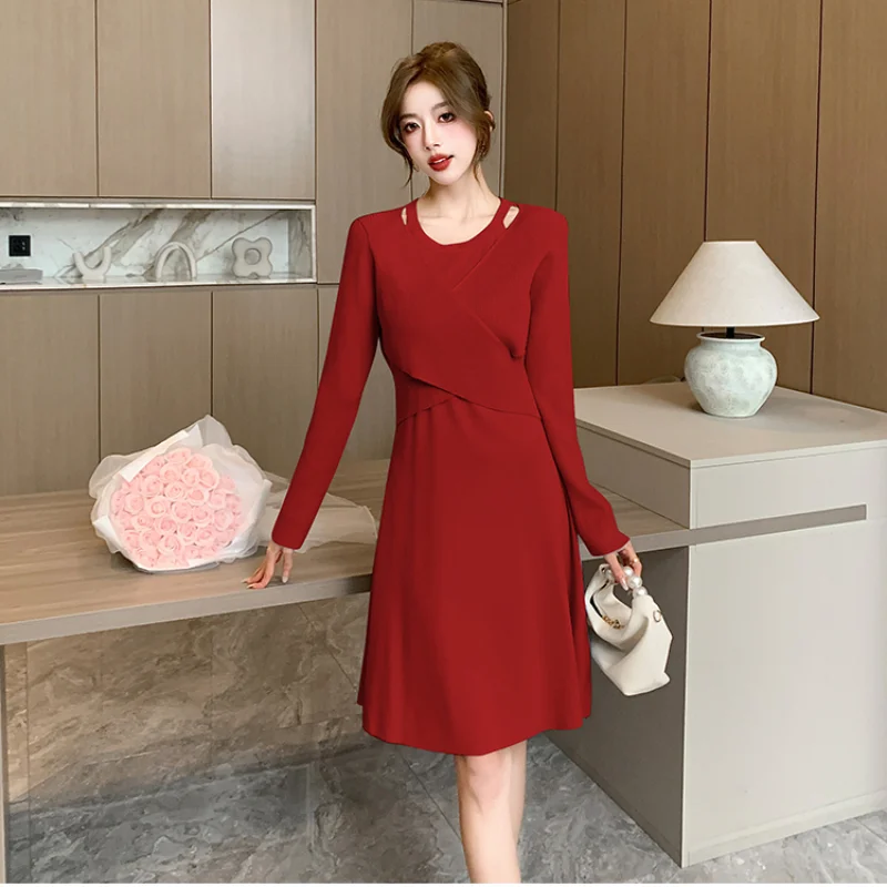 

Трикотажное короткое платье в стиле пэчворк из 2 частей, женское элегантное модное облегающее платье с длинными рукавами в Корейском стиле, Повседневный свитер, женская одежда, 2023