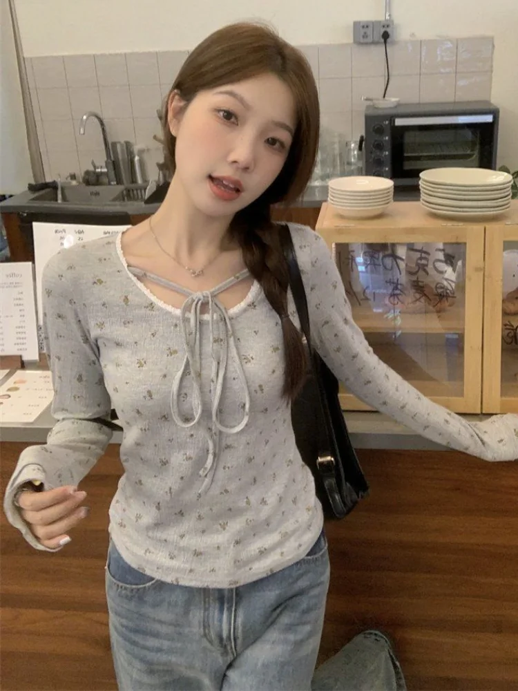 UETEEY Женские футболки с длинным рукавом серые