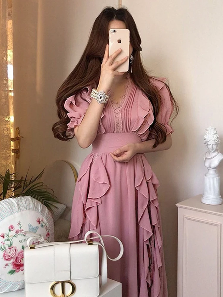 

Women 2022 Korean Chic Summer V-neck Lace Stitching Fungus Edge Design Waist Long Puff Sleeve Dress Dress Vestidos Female D0911