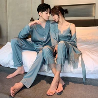 sexy 3 pcs robe pajamas pants sets silk satin pyjamas couple suit 2021 women lace sleepwear night long pants men loungewear
