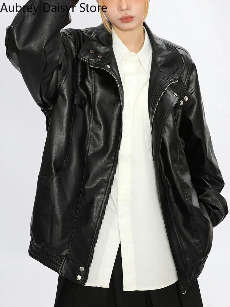 Streetwear Loose Black Leather Jacket Women Punk Fashion Trend Biker Zipper Leather Jacket High Street Vintage Chic Leather Coat