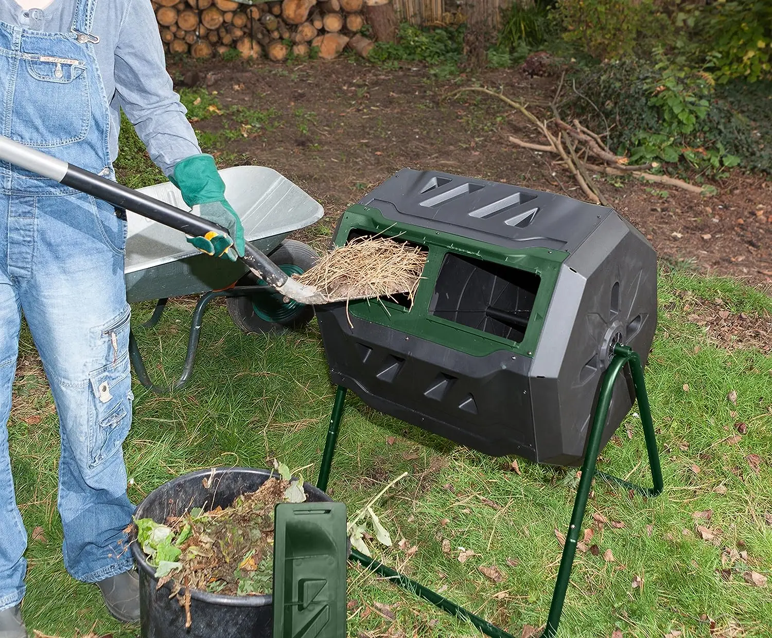 

Company Mr.Spin Compost Tumbler - 160 Liters / 43 Gallon, Dual Chamber Composter On Two-Leg Stand,Green/Black