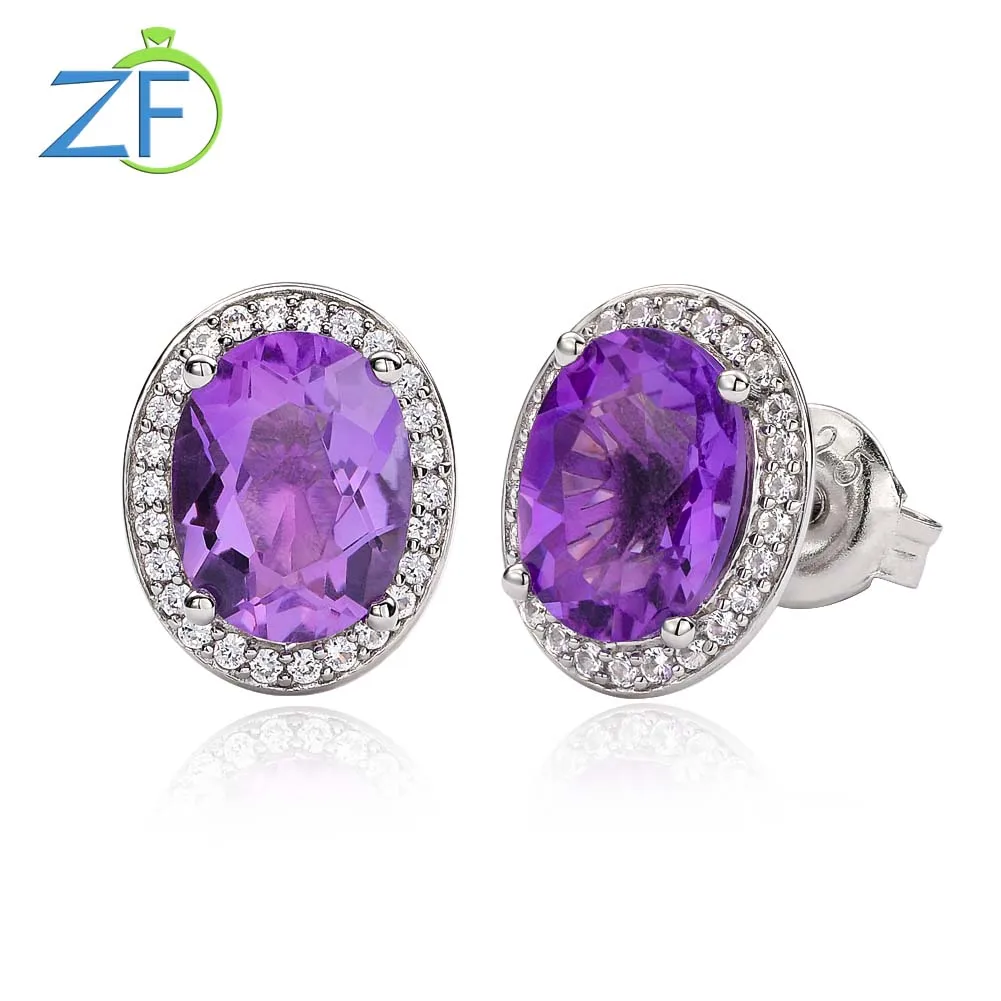 

GZ ZONGFA Original 925 Sterling Silve Studs Earrings for Women Big Oval Natural Amethyst Crystal Gemstone 0.3Carats Fine Jewelry