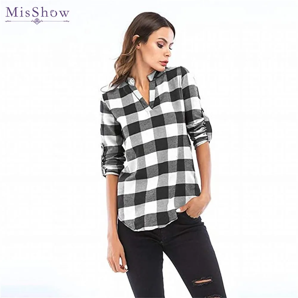 MisShow 5XL Women's Plaid Shirts Casual Notch V Neck Blouse Cuffed Long Sleeve Pullover Soft Tunic Shirt Camisas Beach Sun Tops