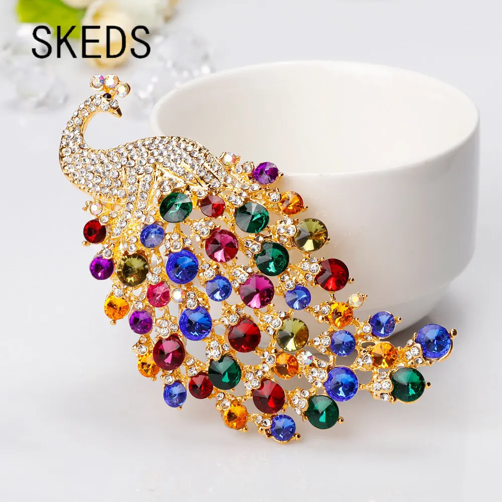 

SKEDS Women Luxury Big Rhinestone Peacock Badges Brooch Elegant Exaggerated Decoration Brooches Crystal Party Accessories Pin