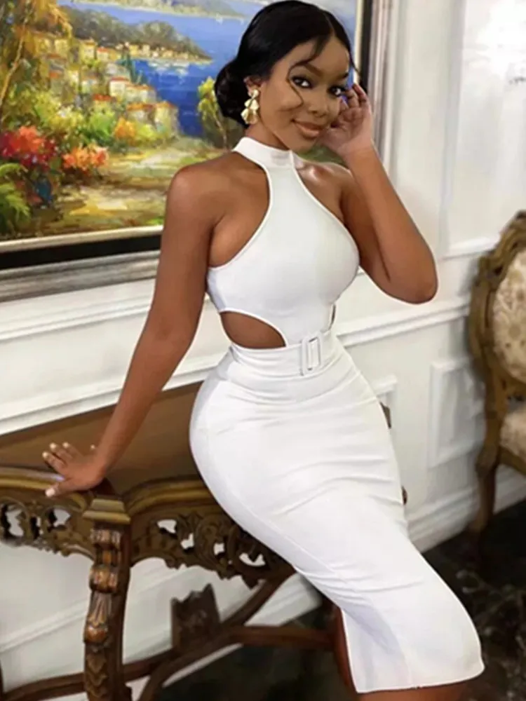 

Summer Dress Women 2022 Fashion Sexy White Bandage Dress Designer Elegant Midi Evening Celebrity Party Dress with Belt Vestido