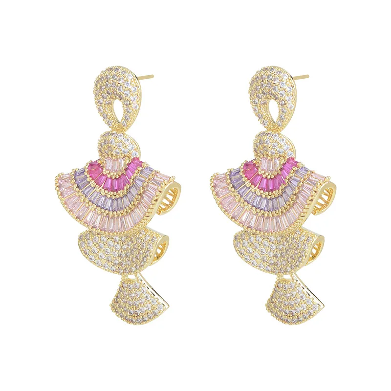 

Серьги в форме юбки из серебра S925 пробы с цветным цирконом, серьги для похудения с круглым лицом, трехмерные градиентные розовые веерообраз...