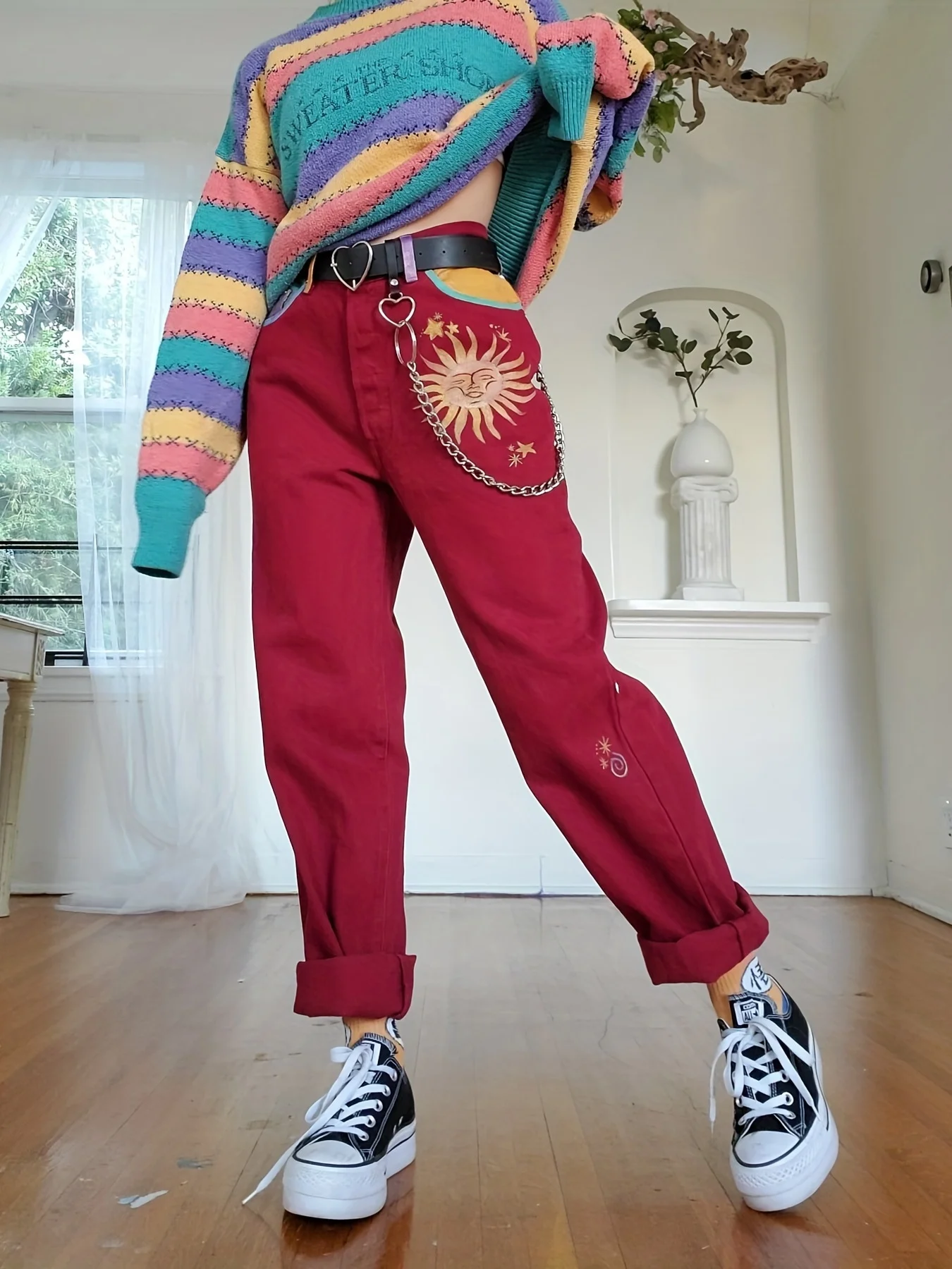 Женские повседневные прямые брюки с принтом солнца, повседневный стиль ...