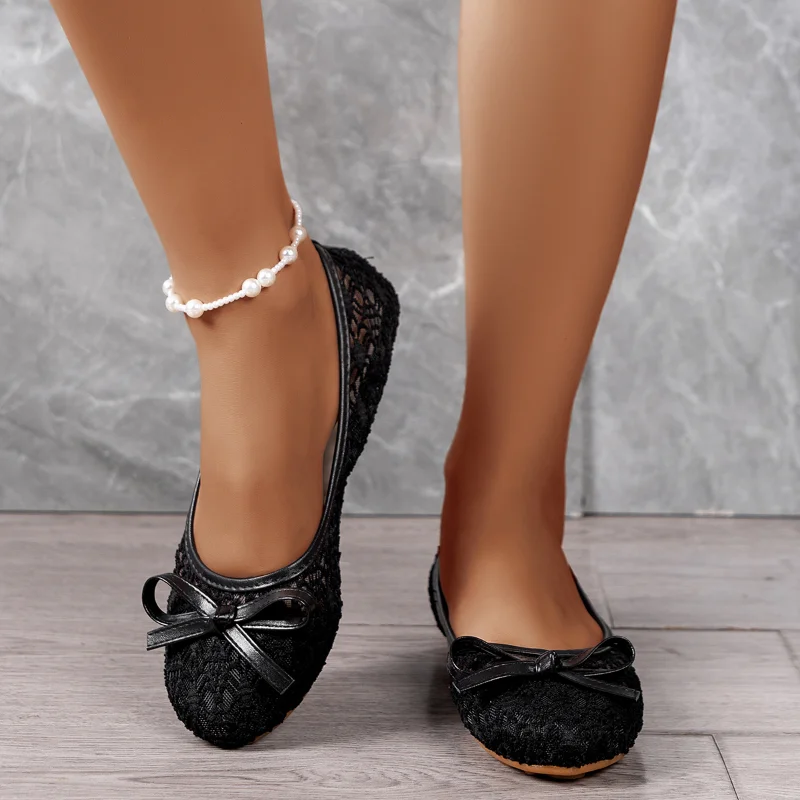 

2023 High Quality Shoes for Women Slip-on Women's Flats Summer Breathable Casual Flat Women Bow Tie Lace Bean Shoes ZapatosMujer