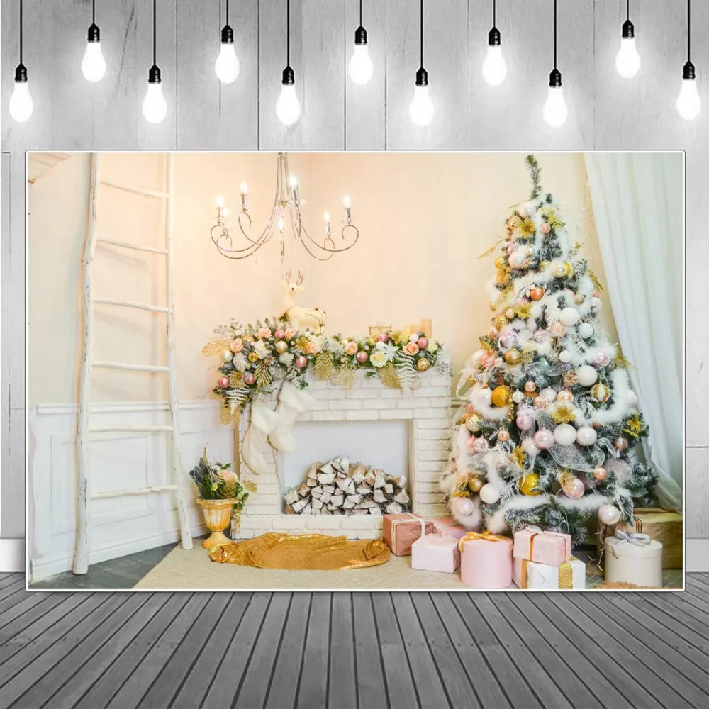 

2023 Pink Flowers Christmas Fireplace Home Photography Backdrops Girls Snow Bell Charms Gifts Ladder Decoration Photo Background