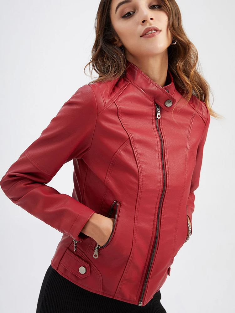 

Ailegogo Spring Autumn Women High Street Black Pu Faux Leather Jacket Moto Biker Slim Zipper O-neck Coat Ladies Outwear Tops