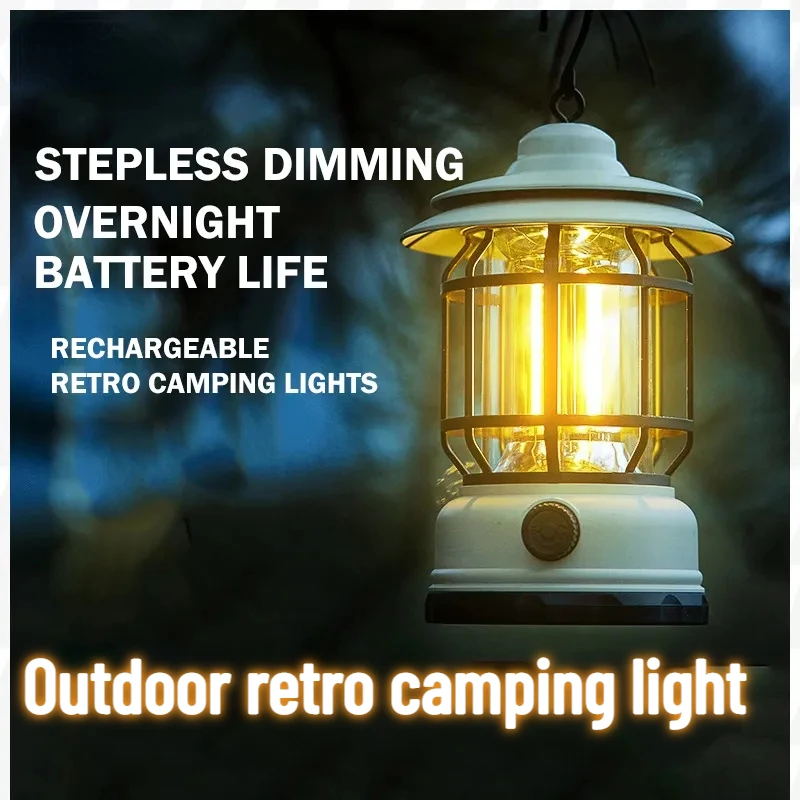 

Portable Outdoor Camping Lights Type-C Rechargeable Retro Hand Lantern Rotating Dimming LED Light Lasting for 5-12h Tent Lamp