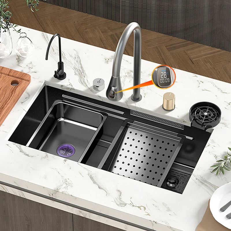 

Black Waterfall Sink Stainless Steel Sink Large Single Slot kitchen Sink Multifuctional Sink With Waterfall Faucet For kitchen