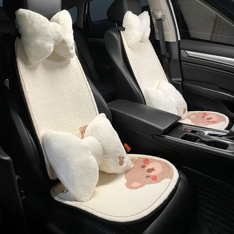 

Автомобильная подушка для спинки, мягкая плюшевая подушка с мультяшным принтом медведя, подушка для автомобильного сиденья, подушка для спинки, подголовник для зимних автомобильных сидений
