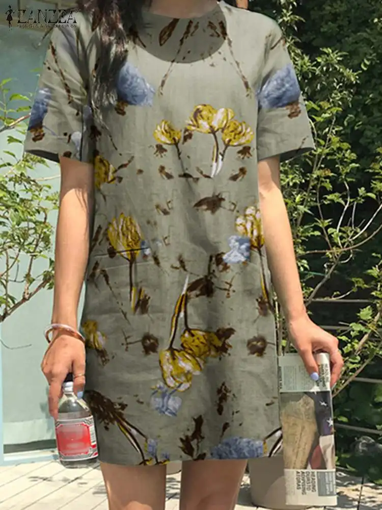 

Женский цветочный сарафан ZANZEA, кафтан, летнее платье с принтом, повседневные короткие рукава, мини-платья, женское платье с круглым вырезом, ...