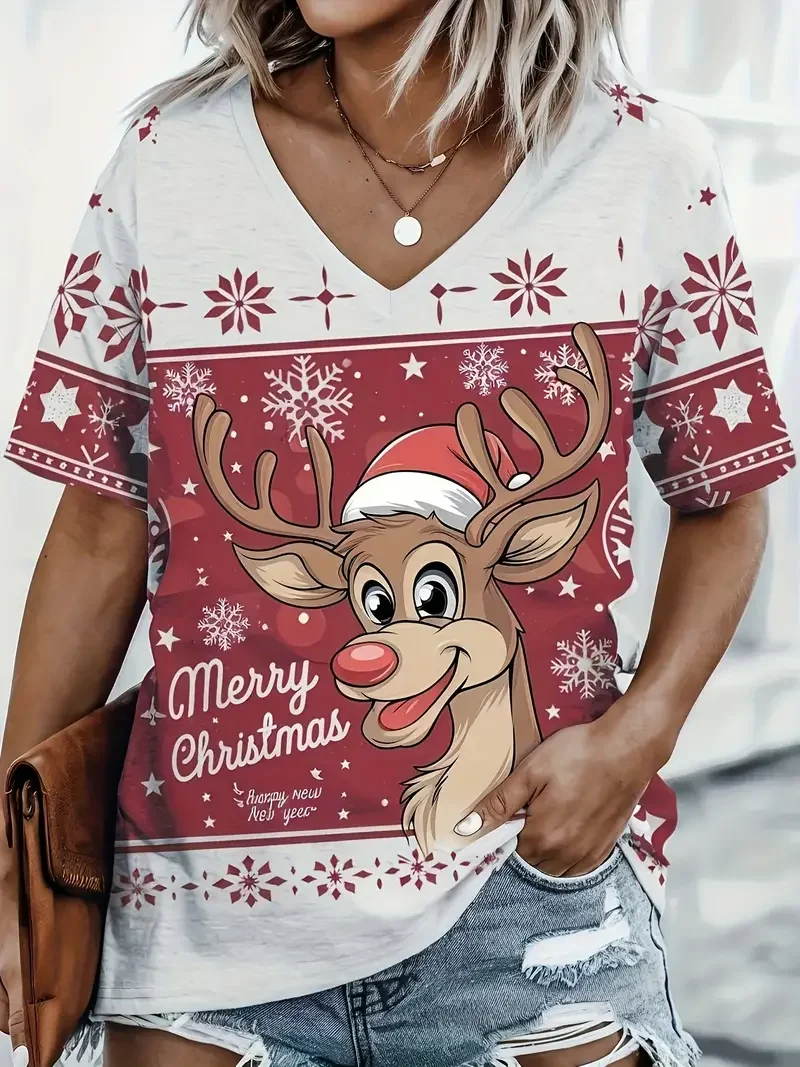 Рождественская женская футболка с мультяшным принтом повседневная v-образным