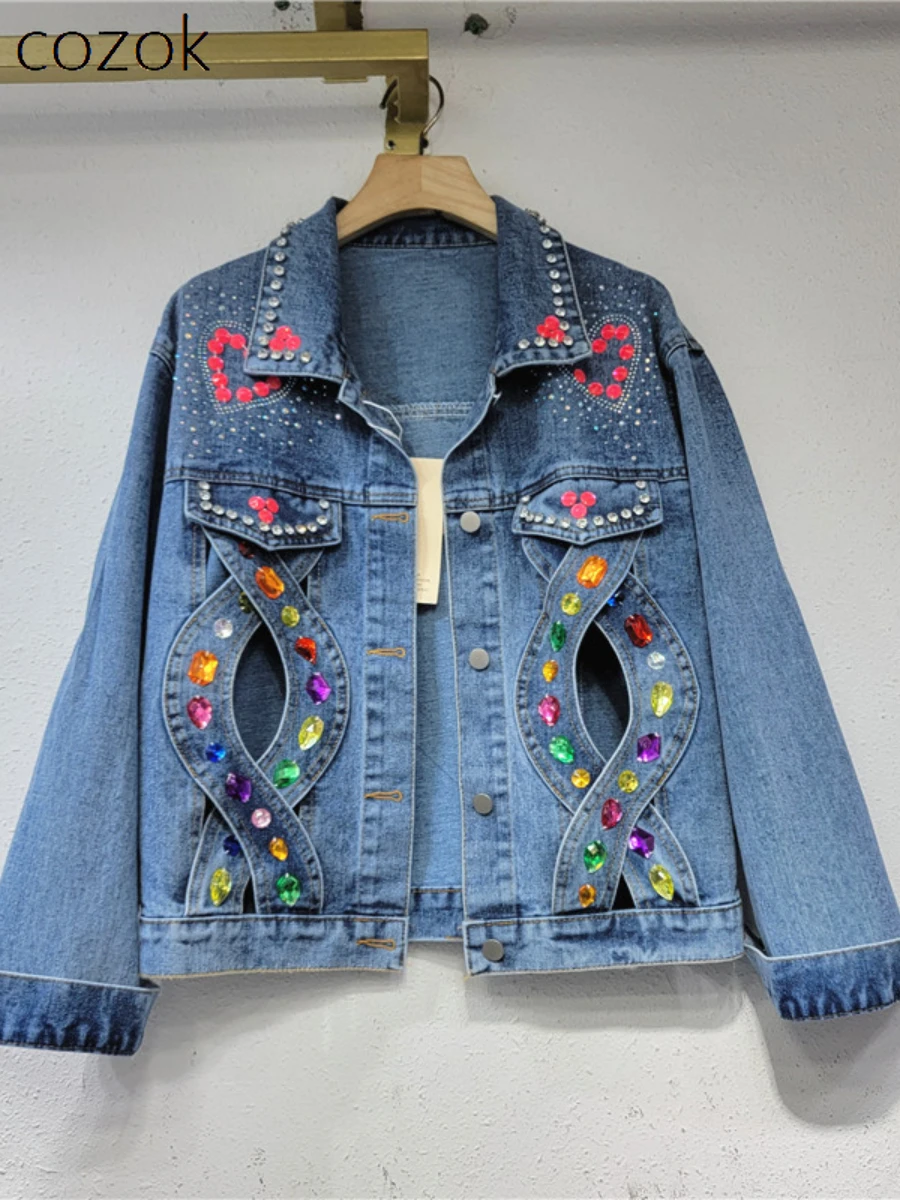 

Autumn Women's Heavy Embroidery Hot Drilling Denim Jacket Lady Streetwear Loose Personality Irregular Beaded Casual Denim Coats