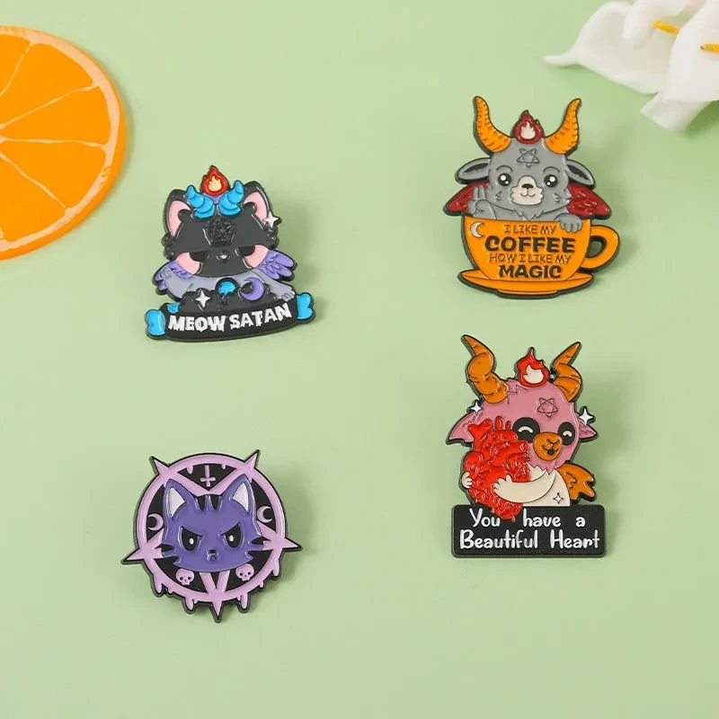 

Little Monster Cat Colorful Coffee Cup Goat Metal Lacquer Brooch Personality Fashion Badge Denim Jacket Jewelry Accessories