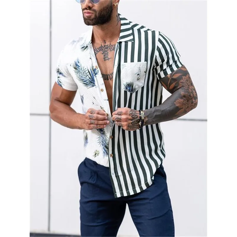 summer beach stripe print short sleeve shirt men fashion hip hop streetwear designer blouses men tops hawaiian shirts man