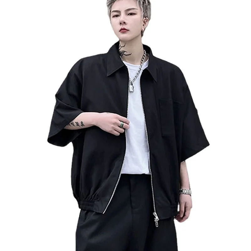 Men's Large Designer Zipper Short Sleeve Shirt Fashion Urban Youth Ruffian Handsome Trend Simple Japanese Black Top