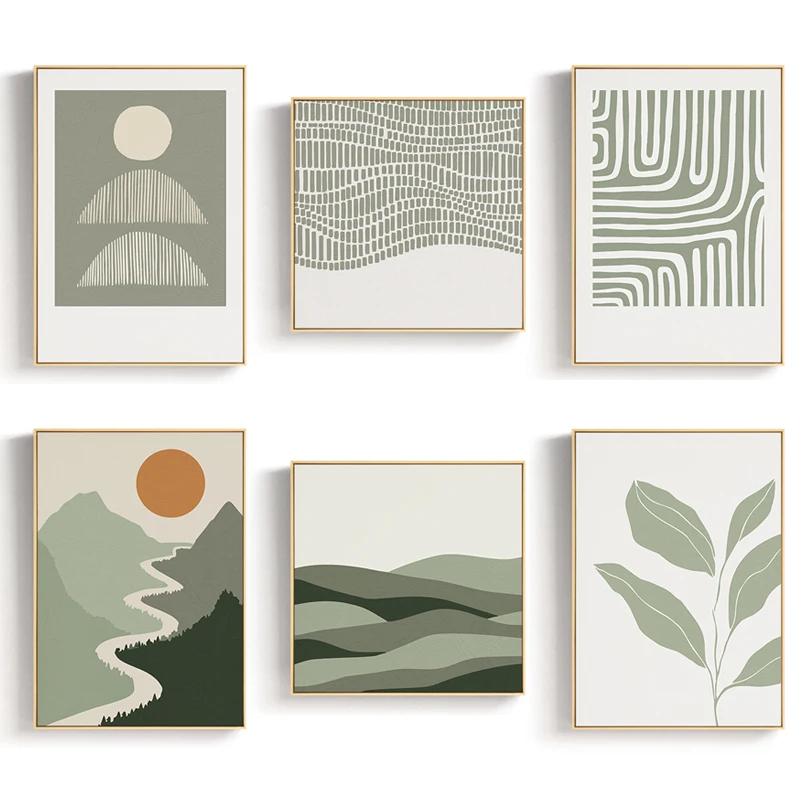 

Nordic Minimalist Canvas Painting Abstract Green Leaf Mountain Geometry Line Poster Print Wall Art Picture for Living Room Decor