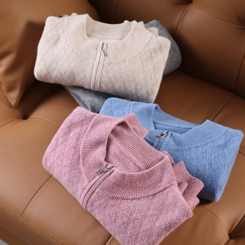 2022 Autumn And Winter Thickened Men's Round Neck Half Zip Jumper 100% Wool High-end Business Knitted Pullover Casual Warm Tops