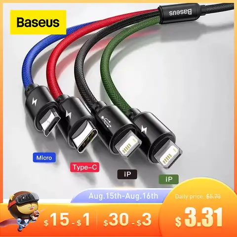 USB кабель Baseus 4 в 1 fбыстрая зарядка для iPhone 11 8 Xr 3 в 1 USB кабель Type C для Samsung S20 Redmi Note 9s Micro кабель USB провод шнур зарядное устройство зарядка для те...