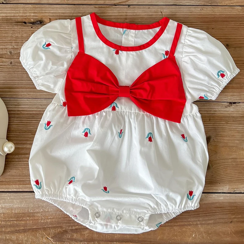 

0-3Yrs Baby Girl Bodysuits Infant Baby Girls Embroidered Jumpsuit Big Bow Cotton Short Sleeve Baby Girls Clothes For Summer