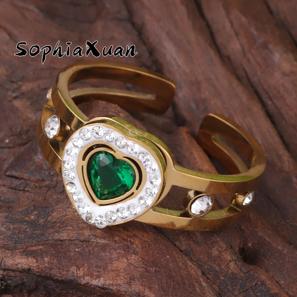 

SophiaXuan 2023 Green Heart Ring Stainless Steel Gold Color Mother's Day Gift Rings Trendy Inlaid Zircon Ring for Women Ladies