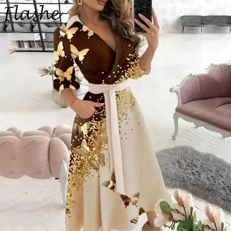 

Elegant Butterfly Print Office Lady Dress Autumn Lace Up Belted V Neck Dress Women Spring Long Sleeve Women Party Dress 2022|Dre