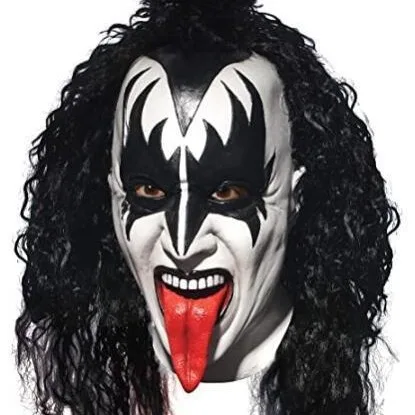 Фото Маска демона Джин Симмонс из группы KISS, реалистичная латексная маска с черным кудрявым париком для Хэллоуина, карнавала, косплей-вечеринки. №1